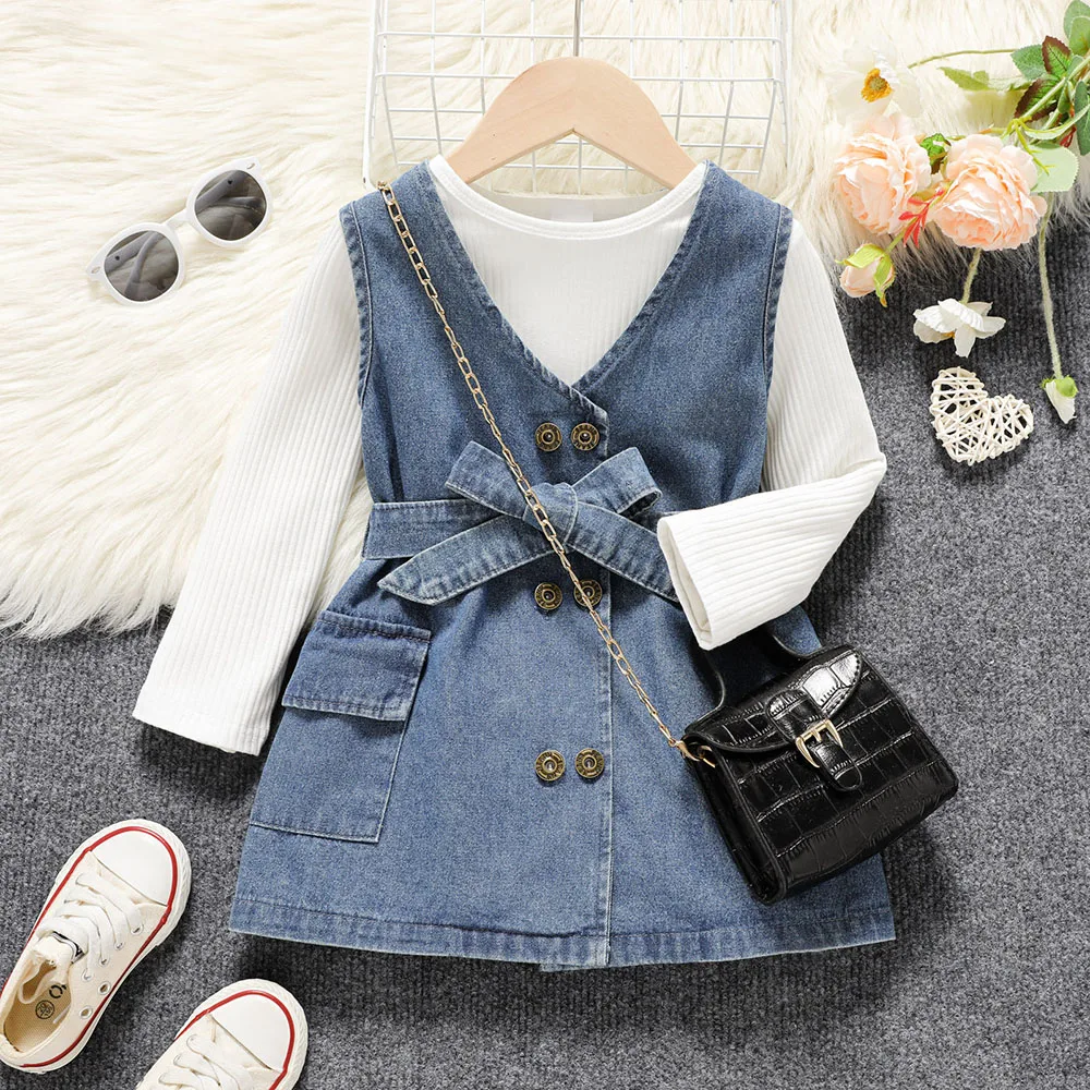 

Denim Dress Set Girl's Spring Autumn Bow Waistband Design Cotton Long Sleeve Undershirt And Vintage Double Breasted Buckle Dress