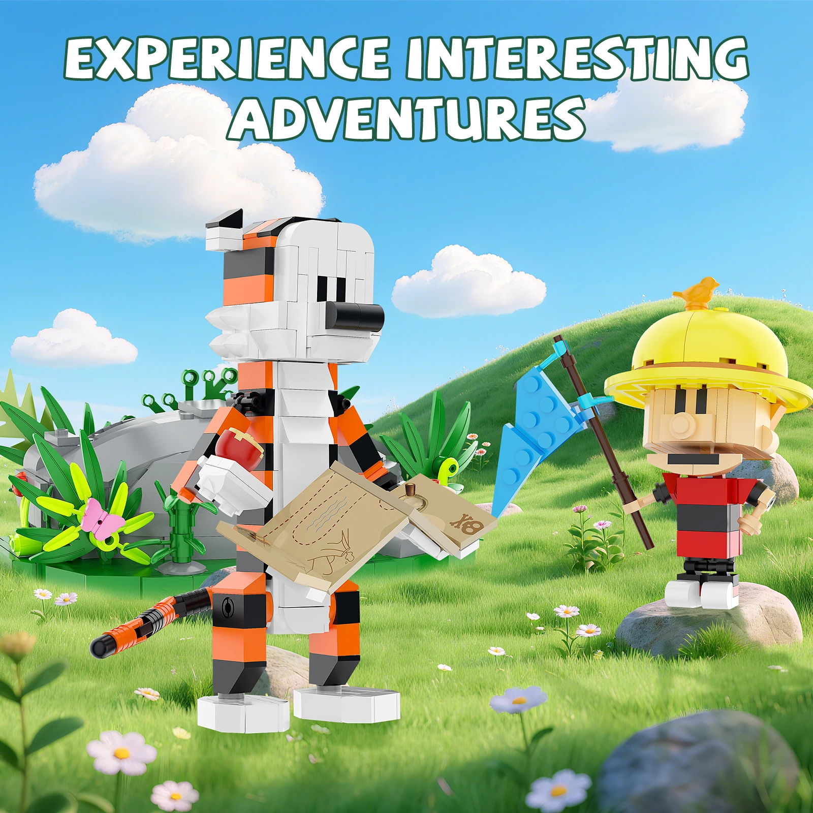 캘빈과 타이거 모험 블록 세트, 빈티지 만화 친구 캐릭터 모델 스타킹 Stuffer 소년 소녀 성인을위한 선물