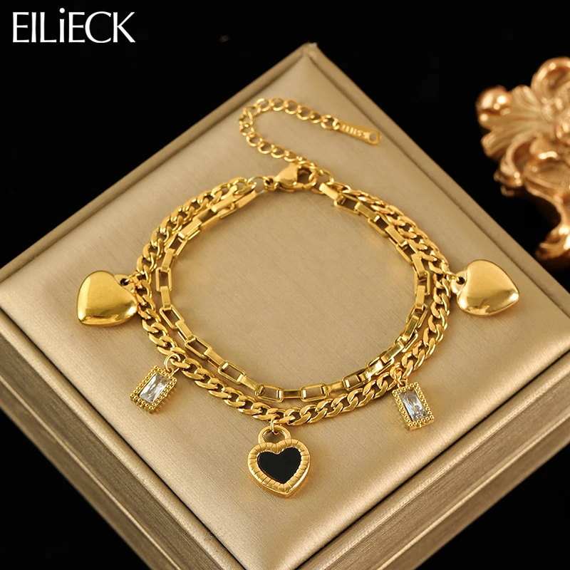 EILIECK الفولاذ المقاوم للصدأ عكسها القلب سحر سوار للنساء العصرية 18K مطلية بالذهب مقاوم للماء المعصم سلسلة مجوهرات هدية
