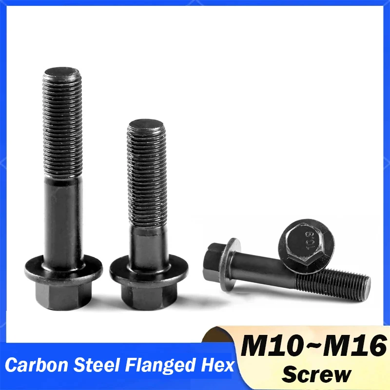 M10 M12 M14 M16 Grade 10.9 Black Carbon Steel Outer Hexagon Flange Bolt Flange Cap Screw Bolt Fastener Thread Pitch 1.25/1.5mm