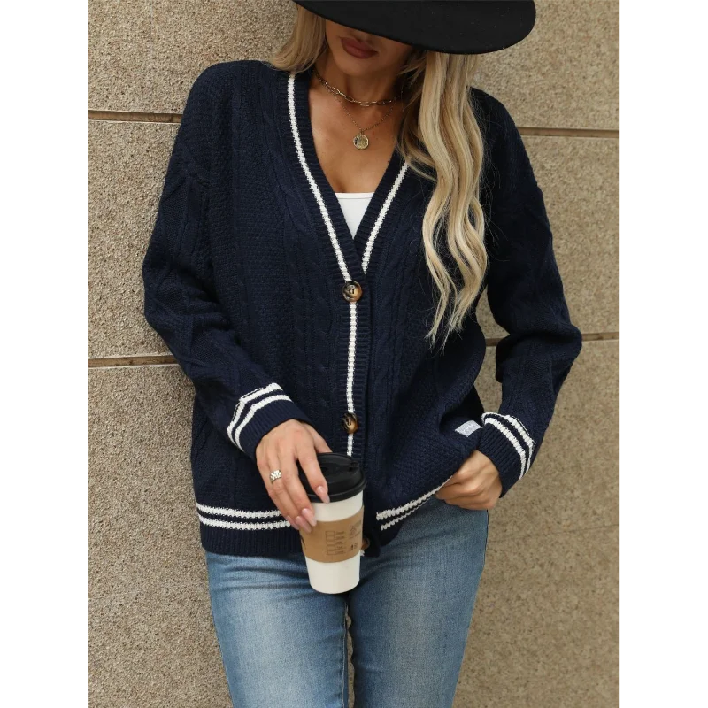 

Женский вязаный кардиган в европейском и американском стиле, осень-зима, новый вязаный кардиган со звездной вышивкой, универсальный свитер с длинными рукавами и v-образным вырезом