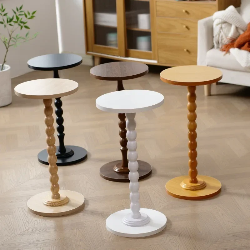 Solid Wood Beaded Pedestal Side Table, Round Tall End Table Vintage Accent Table for Living Room Sofa Corner Home Decor