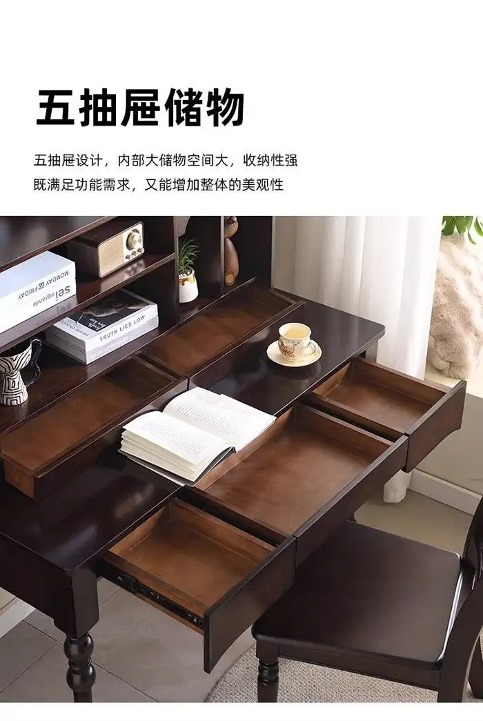 Solid wood desk and chair combination, retro style home desk, high-end writing desk