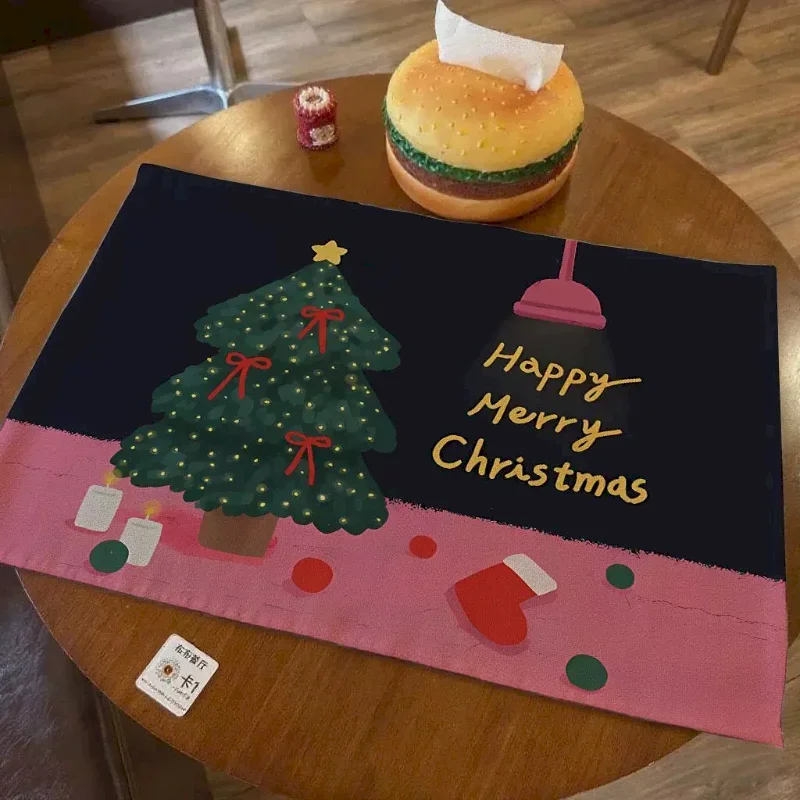 VIKAMA Christmas Tree Linen Desktop Mat Cartoon Heat Resistant Washable Table Mat Kitchen Festival Party Home Decoration