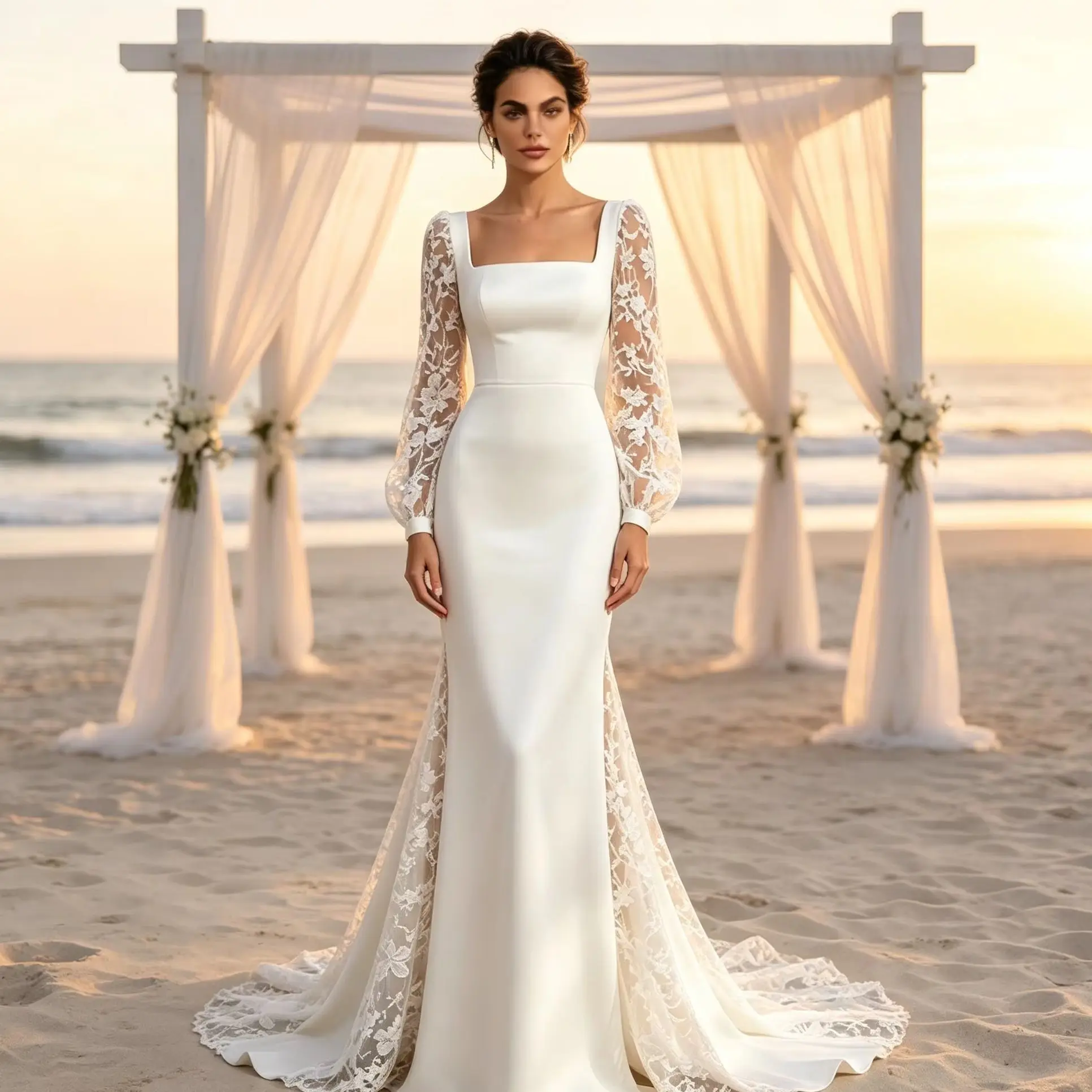 Customized 2026 Square Collar Lace Long Sleeved Fishtail Wedding Dresses Backless Bow Satin Slimming Large Trailing Bridal Gown
