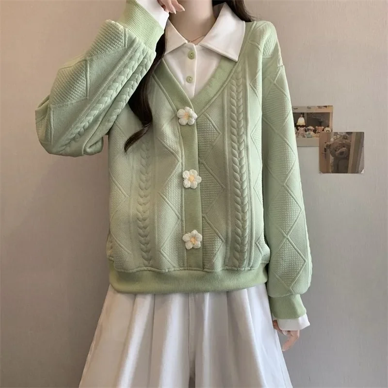Women Two Piece Collar V Neck Floral Button Cable Embossed Cardigan