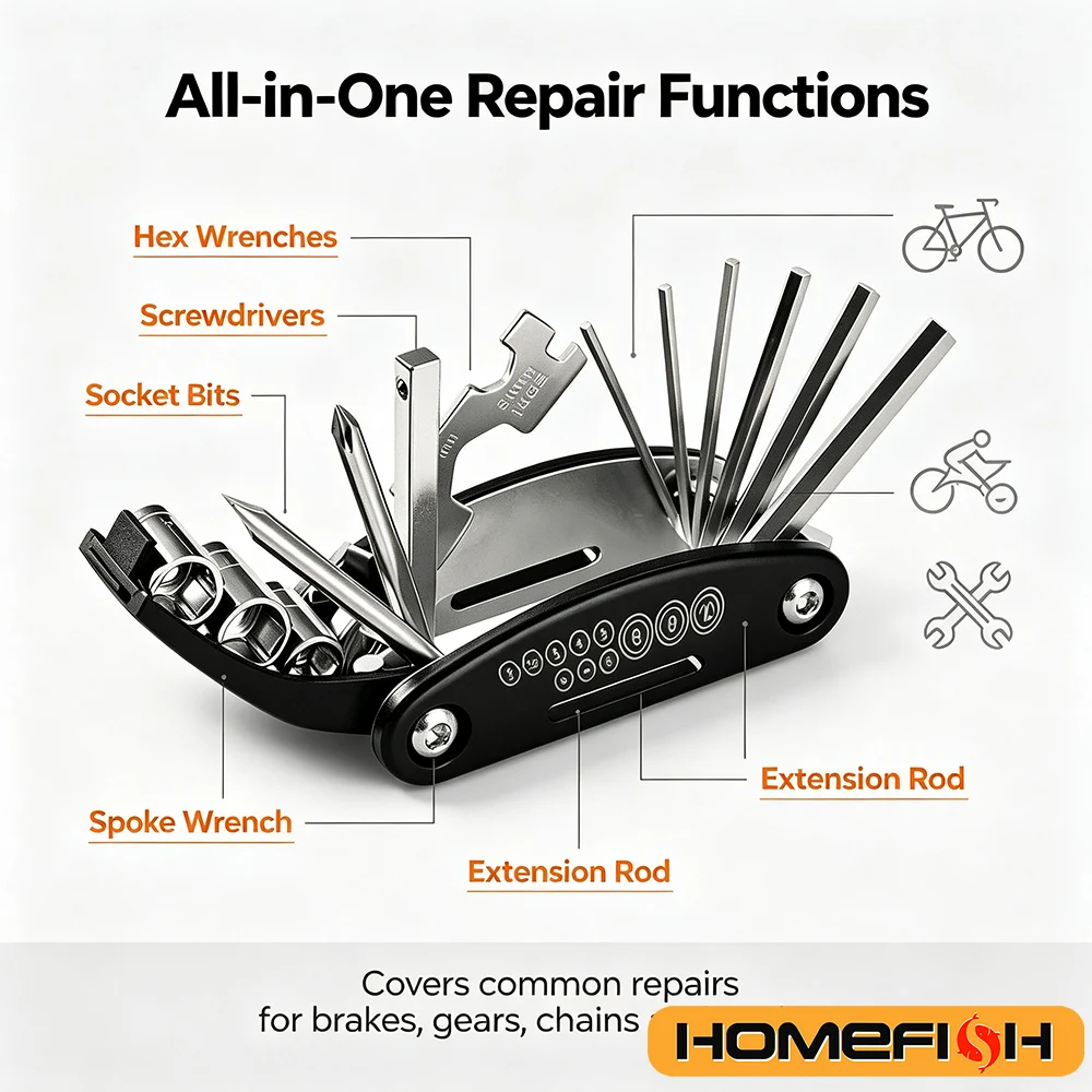 16-in-1 Fahrrad-Reparaturwerkzeug, Kombiniertes Reifenreparaturwerkzeug, Multifunktionales Klappbares Reparaturwerkzeug, Schraubenschlüssel-Set – Detail 2