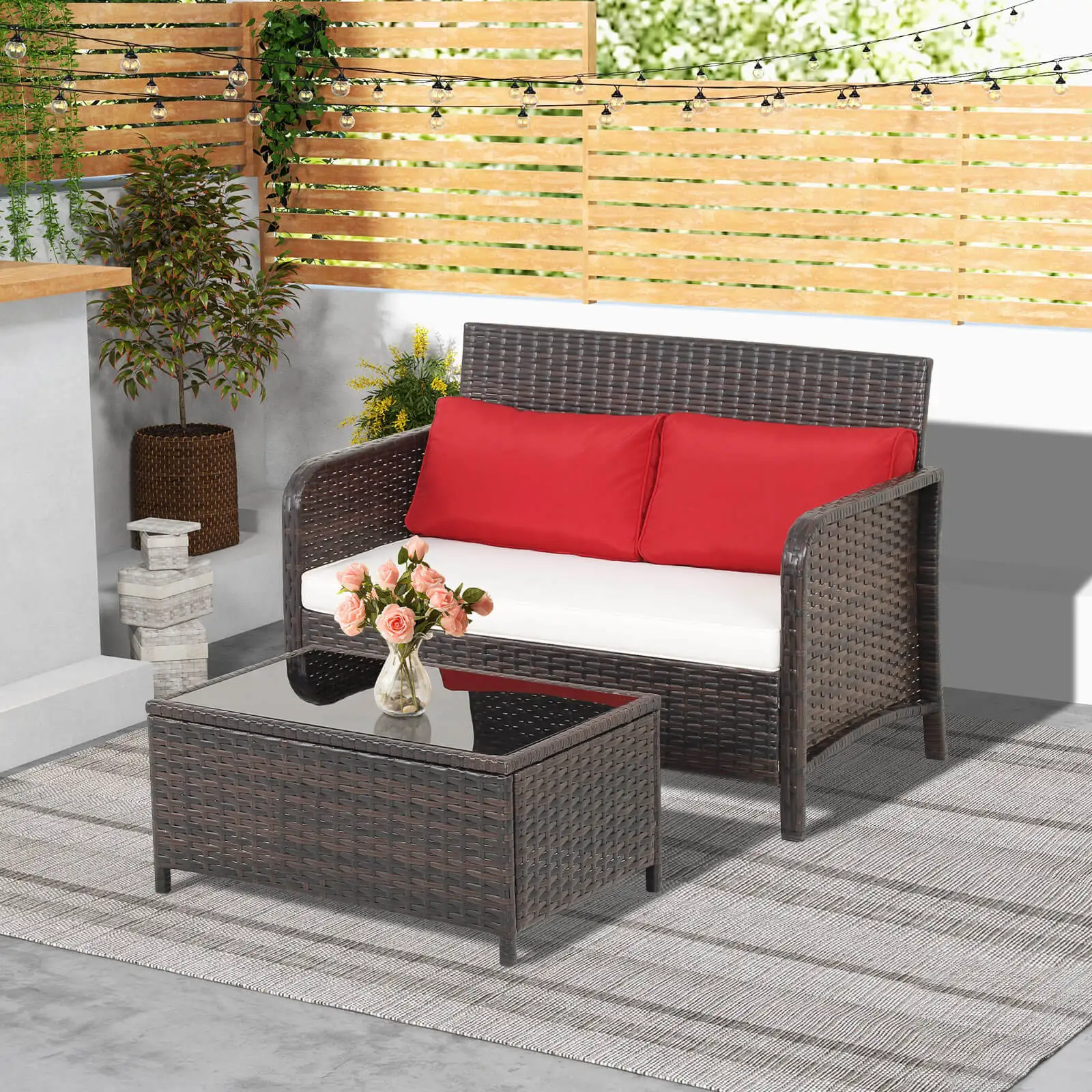 2 PCS Outdoor Patio Wicker Furniture Set with Tempered Glass Tabletop & Cushions