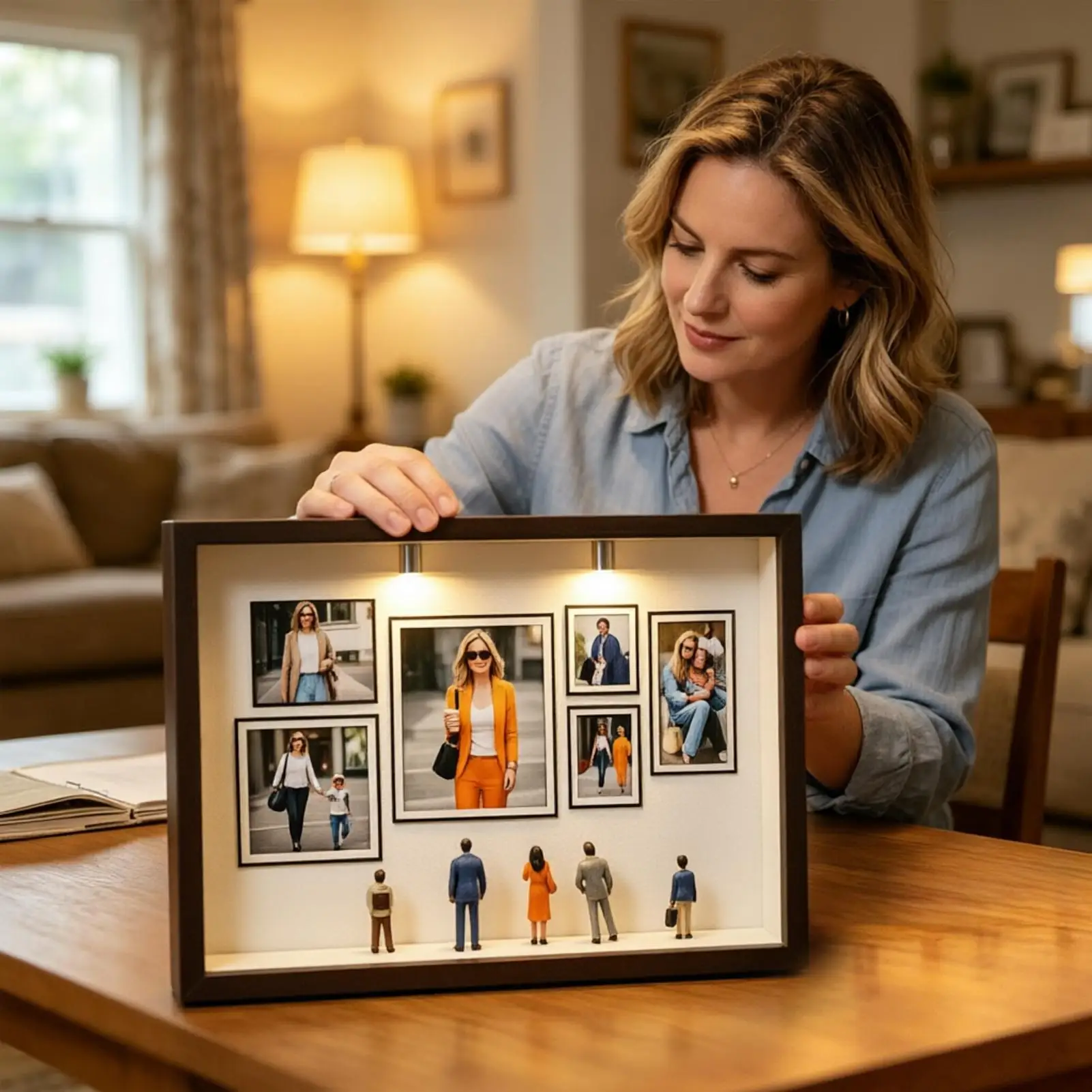 DIY Miniature Museum Photo Frame Set Wood Figurine Silhouette Case with 7 Holders 8 Figures Keepsake Display for Wedding Gift