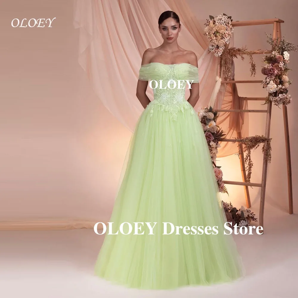 

OLOEY Elegant Bright Green Tulle Evening Dresses Women Applique Lace Long Prom Gowns Formal Wedding Party Customized