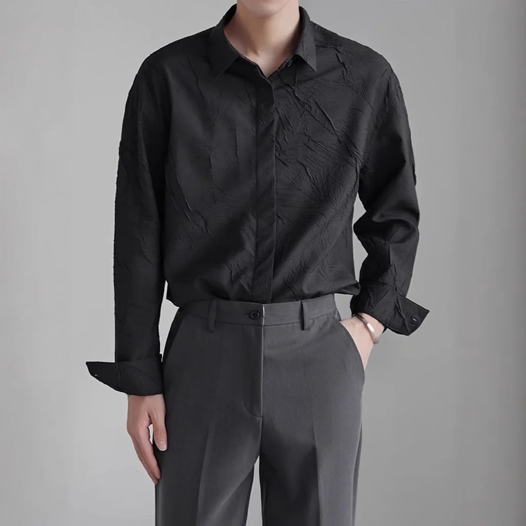 Camisa jacquard casual solta masculina francesa jovem e elegante top coreano bonito