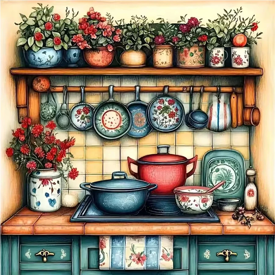 

Landscape Diamond Embroidery Kitchen Kitchenware Scenery Diamond Painting Flower Vase Kit DIY Acrylic Craft Mosaic home decor