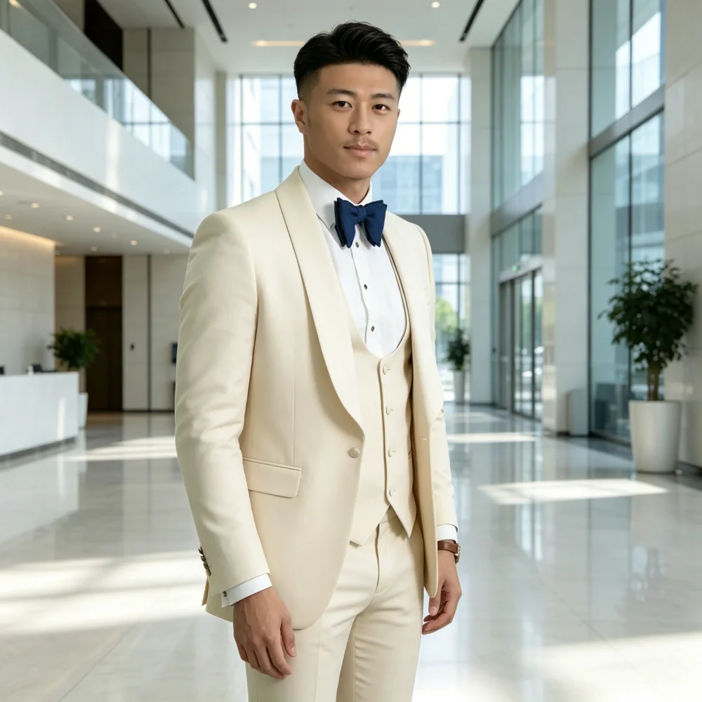 

Men's Wedding Tuxedo Suit Navy Officer Style Smoking Jacket Business Blazer Set with Pants And Waistcoat for Groomsmen