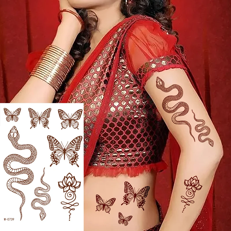 Brown Henna Temporary Tattoos for Women Girls Body Chest Waist Bracelet Lace Tattoo Stickers Mehndi Stencil Designs Tattoo