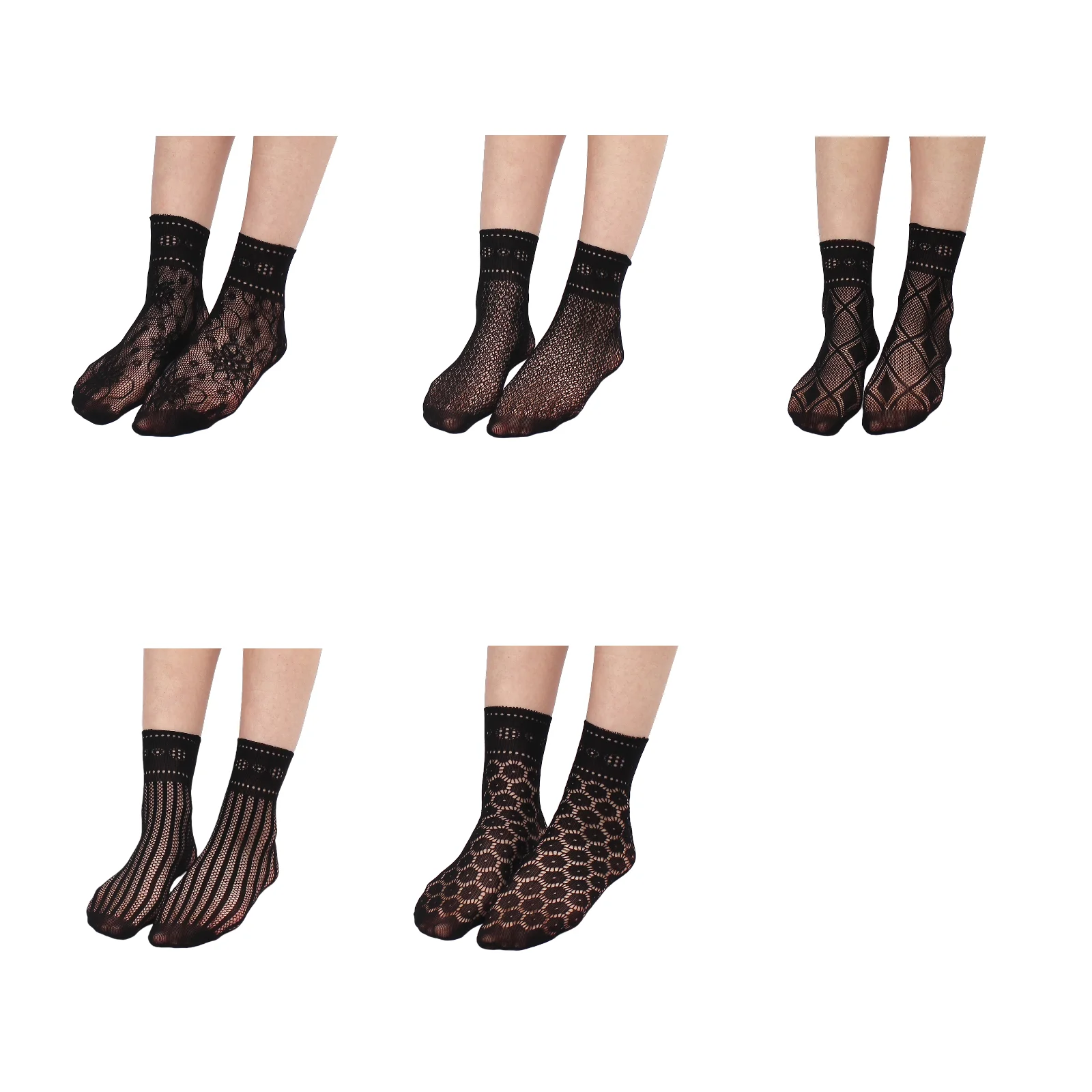 

Women's summer ultra-thin hollow jacquard short fishnet stockings 5-piece set (605+903+619+vertical stripes+circles)