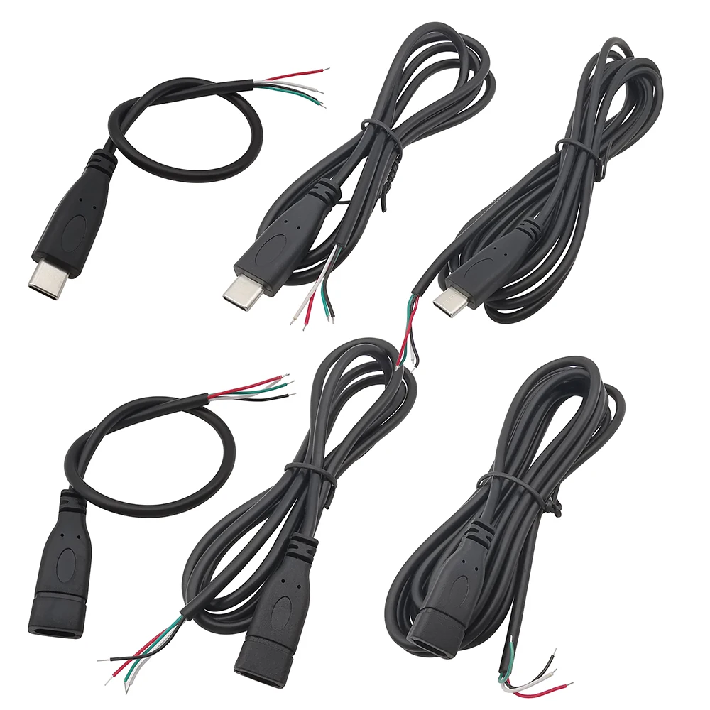 USB Tipo C macho e fêmea Plug Power Supply, carregador conector, 2 pinos, 4 pinos, USB-C DIY cabo de reparo, solda tipo fio, 0.3m, 1m, 2m