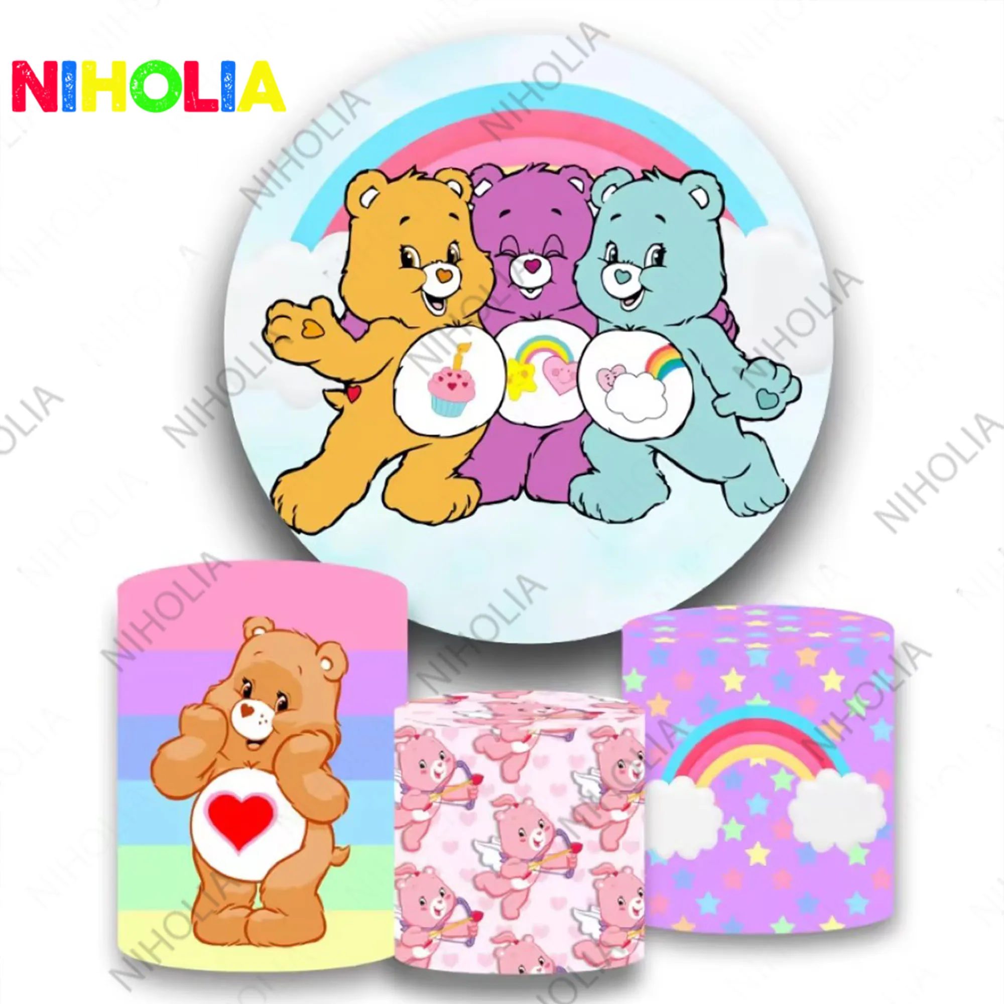 

Care Bears Round Backdrop Cylinder Covers Kids Birthday Party Baby Shower Decoration Three Bear Background For Cake Table