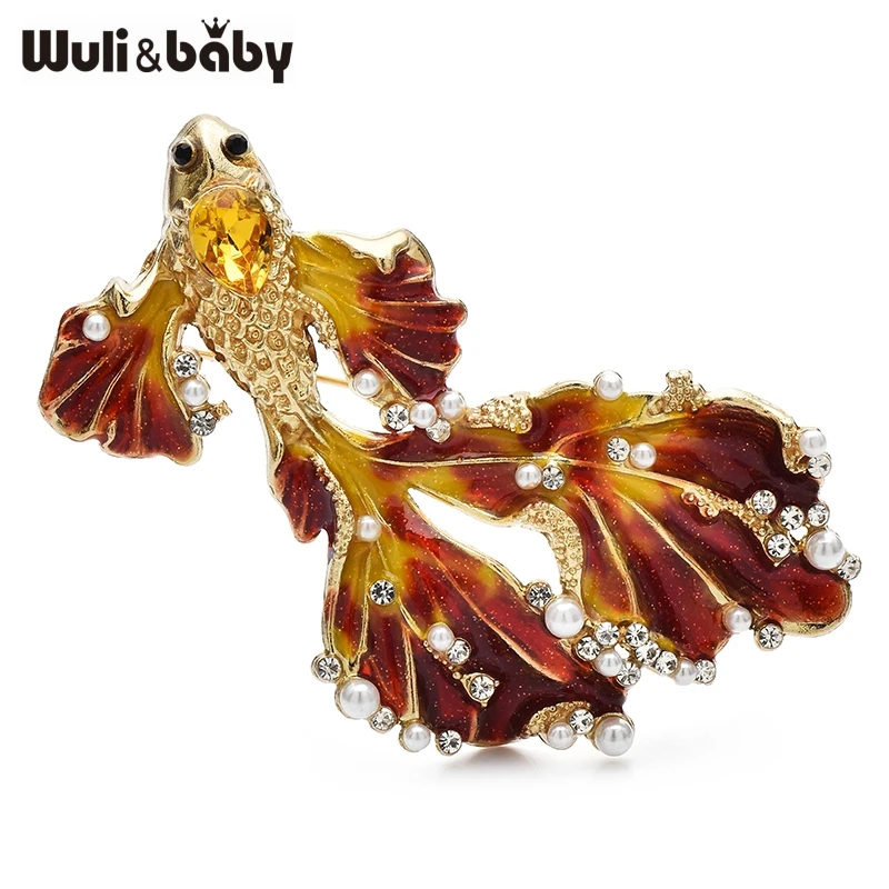 Wuli & baby broches de poisson rouge à longue queue 3 couleurs émail broche de poisson Animal de mer pour vêtements pour femmes épingles à dos cadeaux