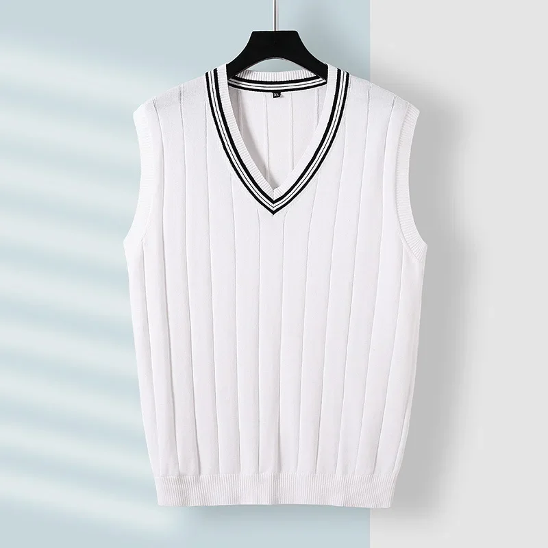 Winter Men Knit Vest Casual Knitted Sweater Cotton Waistcoat v-Neck Knitwear Men's Slim Fit Striped Sweater Vest Man Clothing