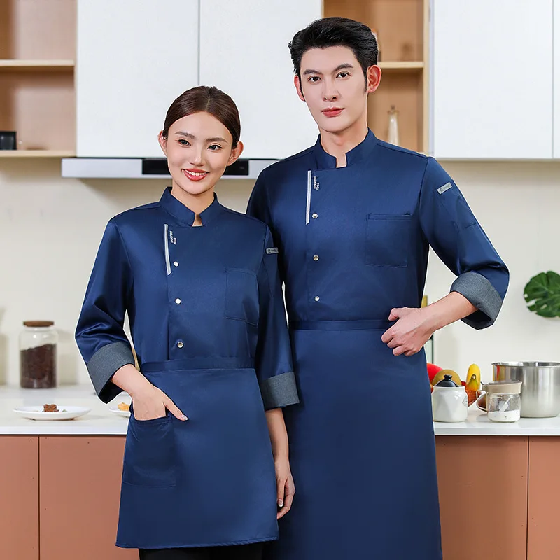

Gray shiny button chef workwear for men and women, autumn and winter long-sleeve hotel restaurant kitchen staff uniforms