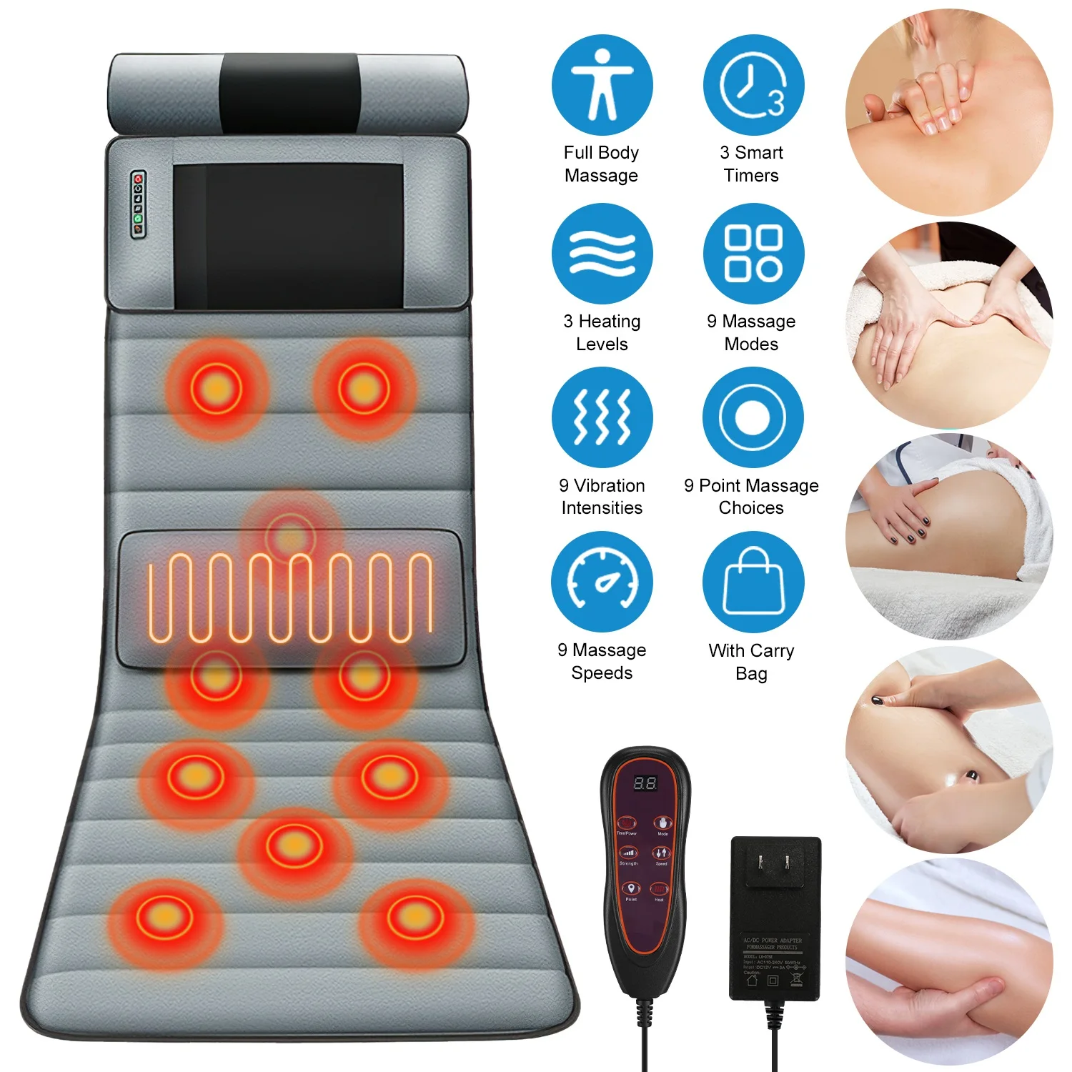Full Body Vibration Massage Mat with Neck Kneading Massager, 20 Massage Nodes, 3 Modes 9 Vibration Levels, 3-Level Lumbar Heat, Inflatable Waist Pillow & 3 Timers