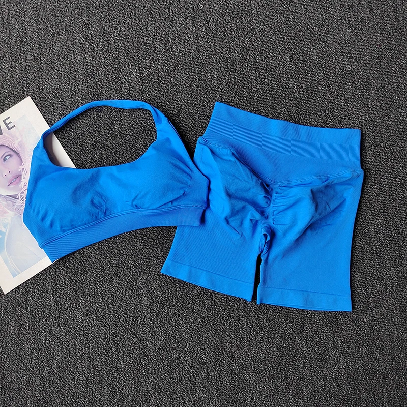 2-teiliges Set: Pfirsichfarbener High-Waist-Bauch- und Hüftstraffender Sport-BH mit Shorts, stoßfester Neckholder-Yoga-Anzug, Lauf- und Fitness-Set – Detail 6