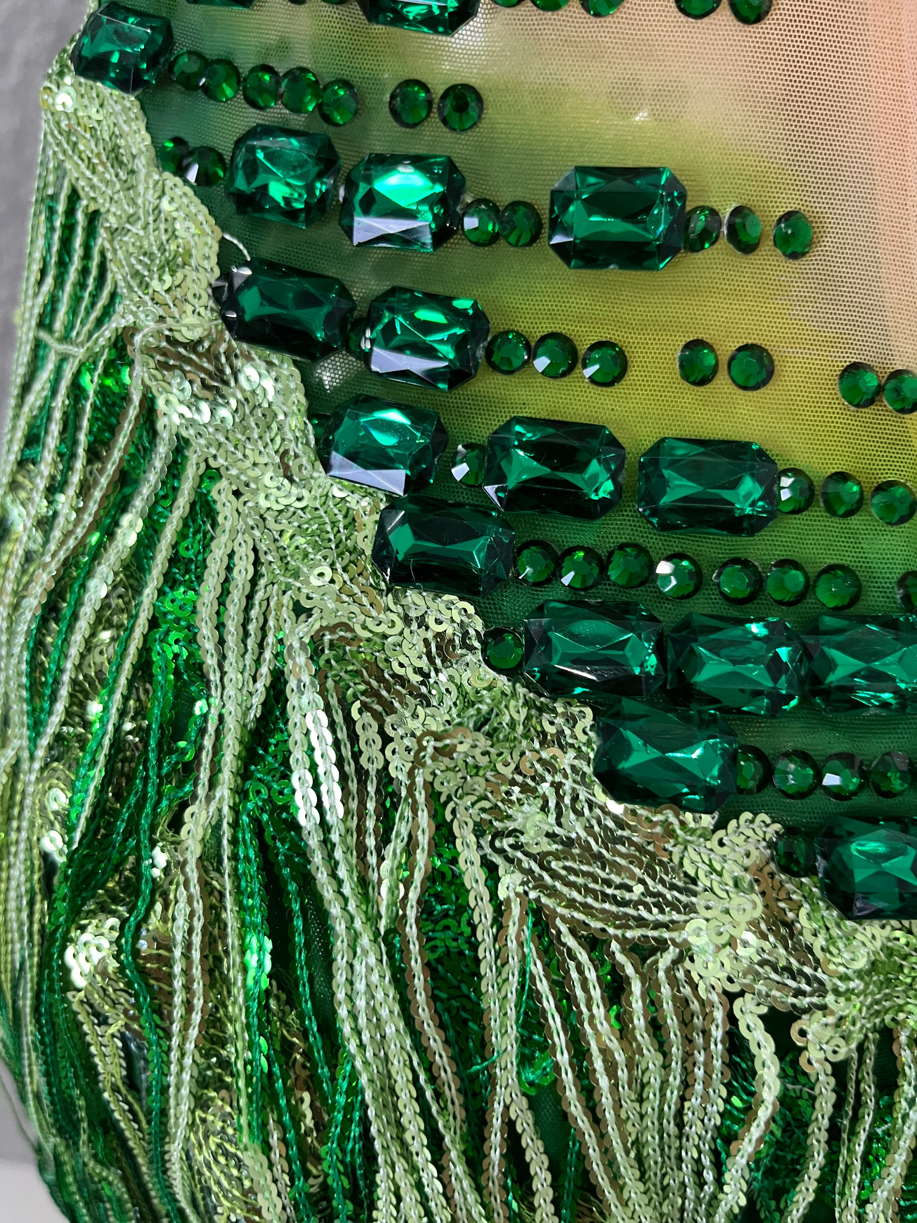 Luxurious Green Rhinestone Sheer Bodysuit Tassel Tail Ideal for Clubbing Festivals and Special Occasions Stage Performance