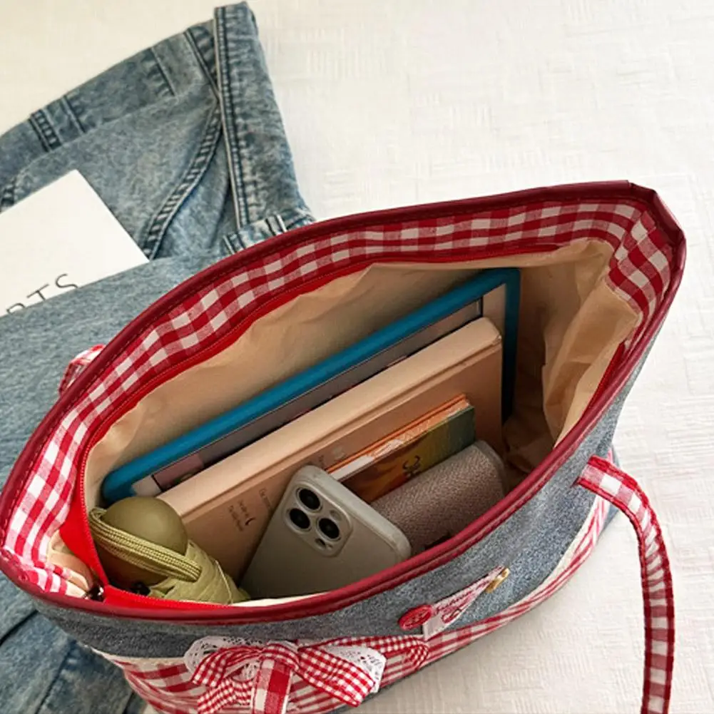 Bolso de hombro con lazo de encaje de entramado Retro para mujer, bolso vaquero a cuadros de estilo Rural encantador, bolso de mano Vintage para ir al trabajo