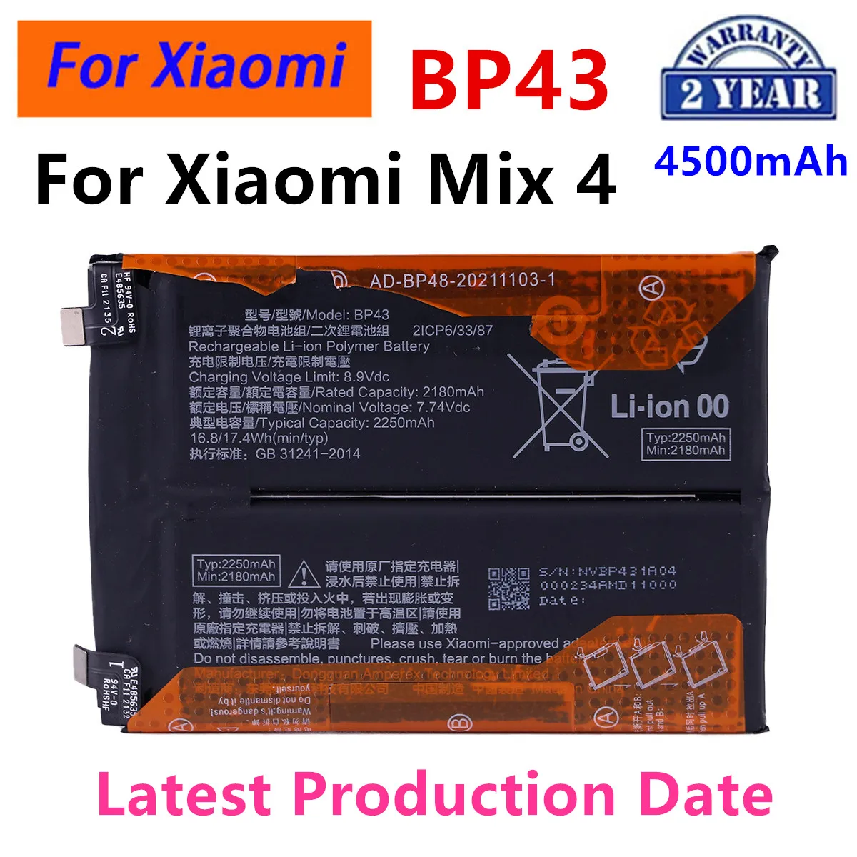 

Brand New Battery BP43 4500mAh For Xiaomi Mi Mix 4 Mix4 Smart Phone Replacement Batteries