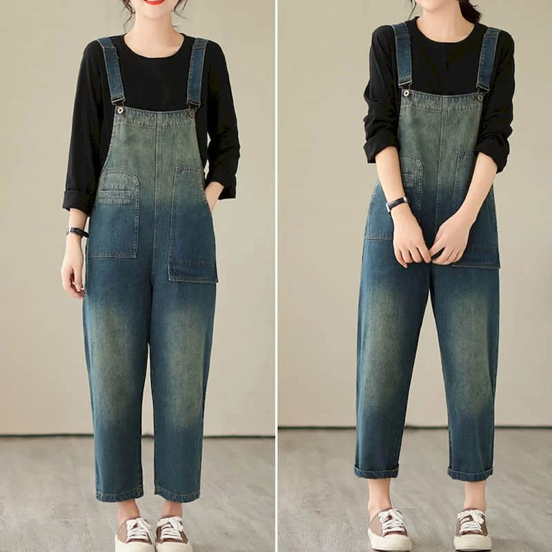 Denim Jumpsuits for Women Gradient Ankle-Length Pants One Piece Outfit Women Rompes Loose Korean Style Casual Vintage Overalls