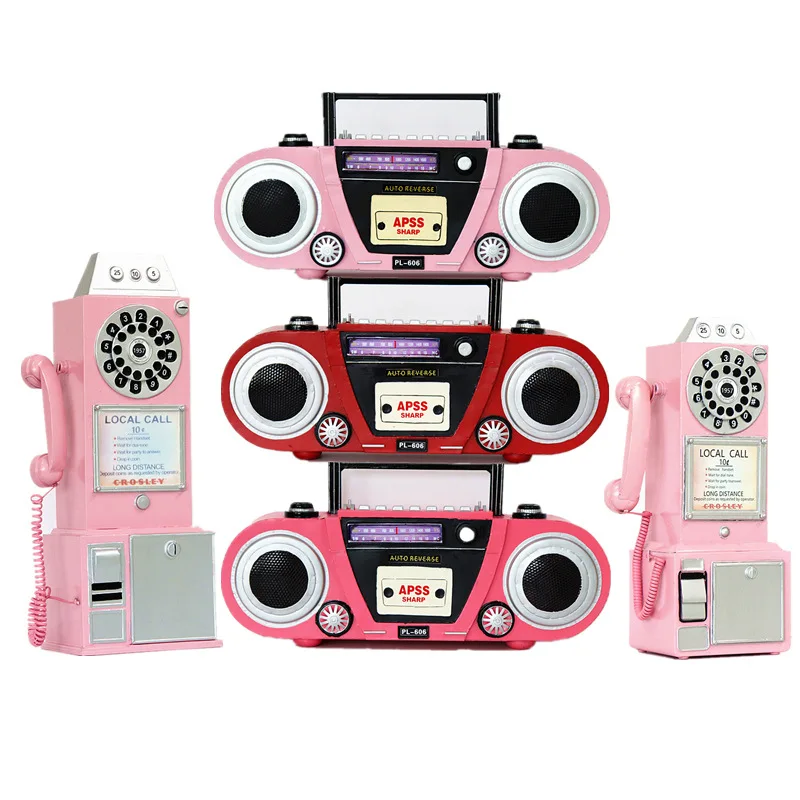 Pink Telephone Radio Model Retro Phone Decor Figurine for Store Window Display Beauty Salon Shop Ornament