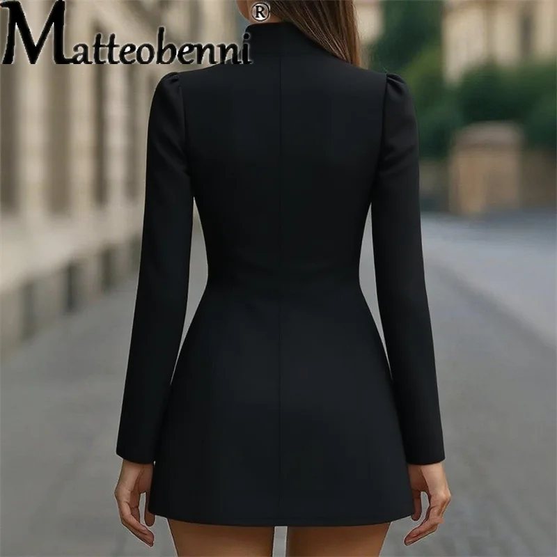 Blazer solidi da pendolare alla moda da donna Abito da ufficio monopetto in vita Abito da festa Elegante mini abito a maniche lunghe con colletto alla coreana