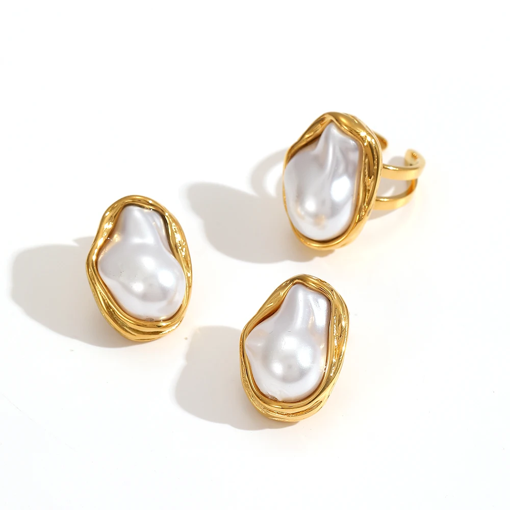 Minimalistische Edelstahl-Ohrringe mit unregelmäßigen großen Perlen, Schmucksets für Damen, trendiger Charm-Schmuck, Geschenke – Detail 4