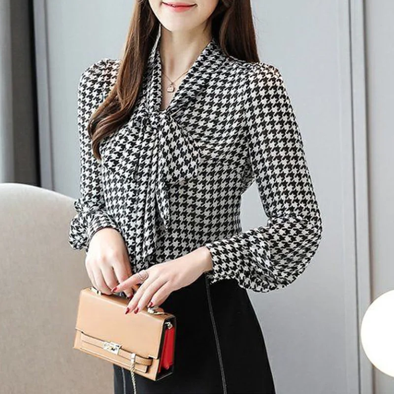 Women Elegant Houndstooth Print Bow Tie Button Up Shirt Autumn Fashion Korean Long Sleeve Office Ladies Blouses Tops Camisas 5XL