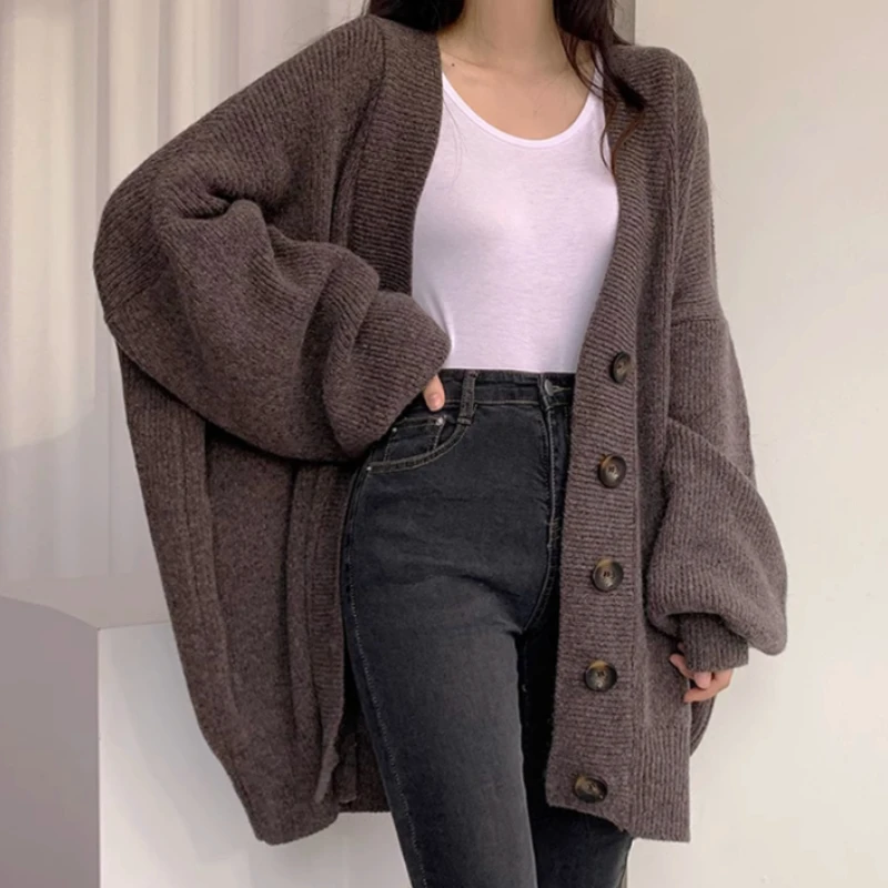 Fall-Winter 2024 New V-Neck Single Breasted Grey Balloon Sleeve Knitted Cardigan Sweater Women\'s Jacket