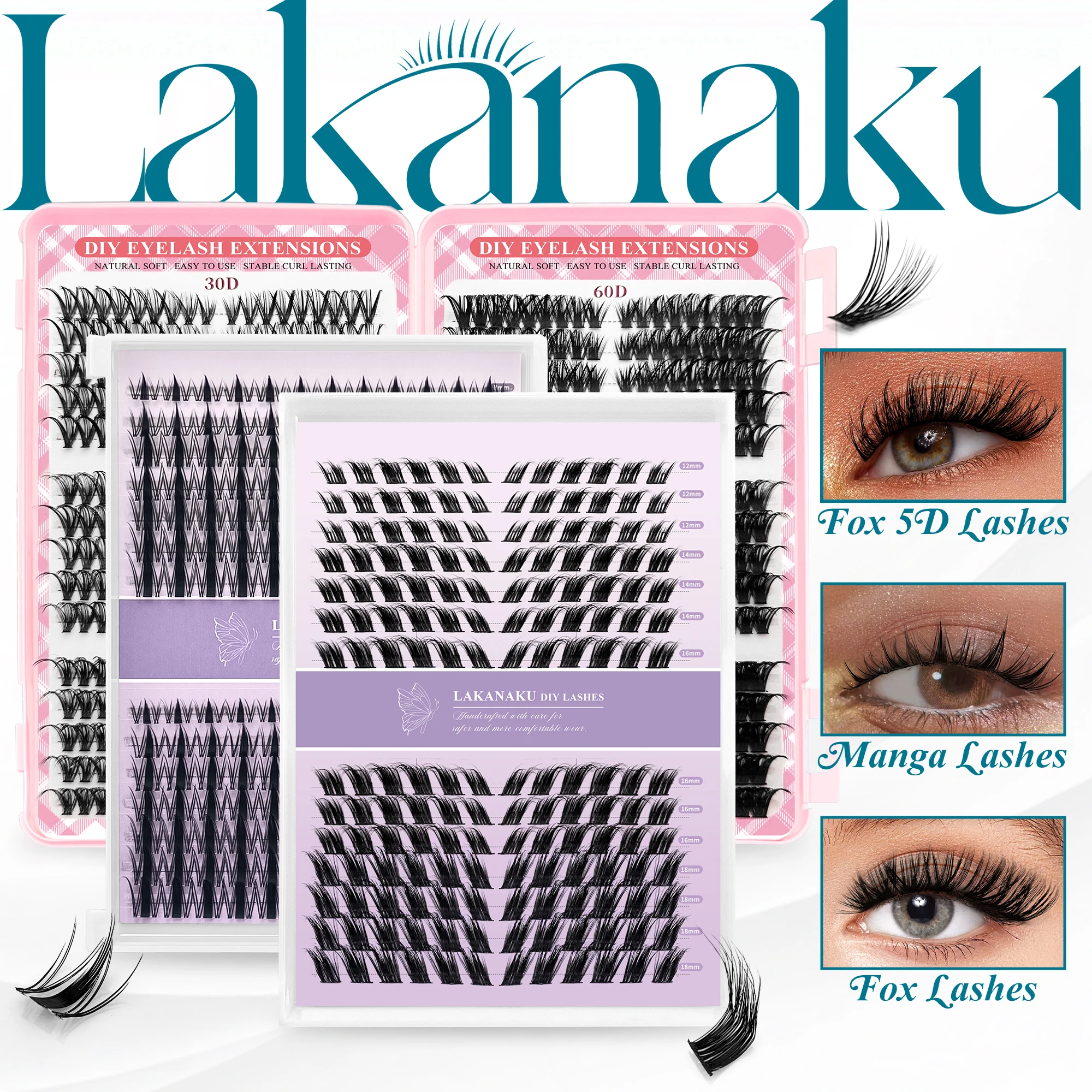 LAKANAKU 個別まつげクラスター ナチュラル キャットアイ スタイル ソフト DIY ラッシュエクステンション 再利用可能 無香料 初心者 & コスプレ用