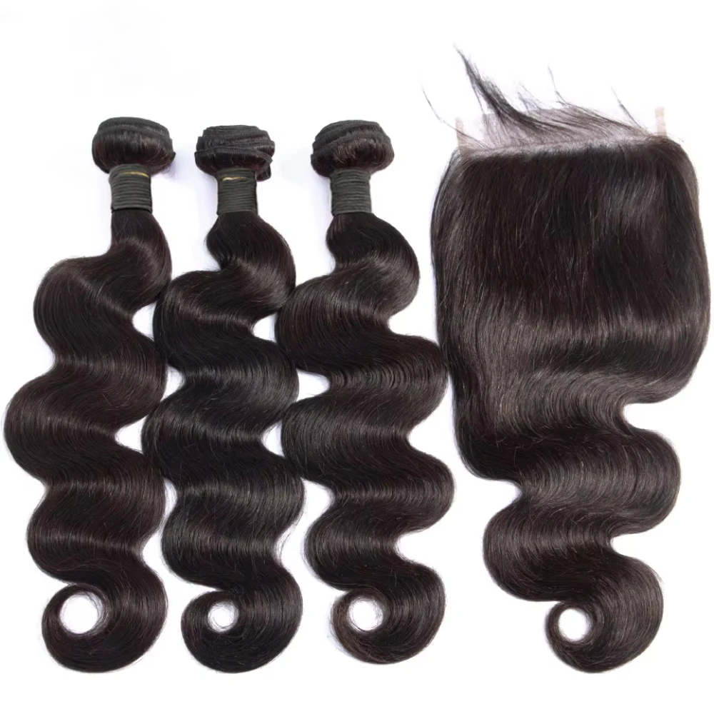 Tissage en lot Body Wave brésilien naturel Remy, avec lace closure 4x4, extension de cheveux humains, lots de 3