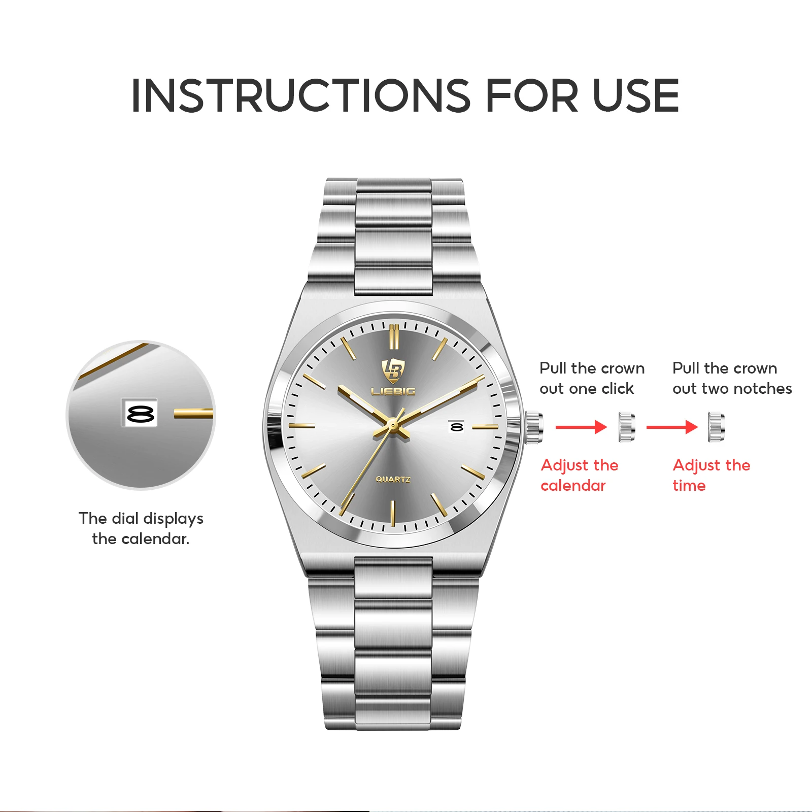LIEBIG Simple Watch Business Waterproof Week Wristwatches Male Luxury Quartz Watches Fashion Stainless Steel Watch For Men Women