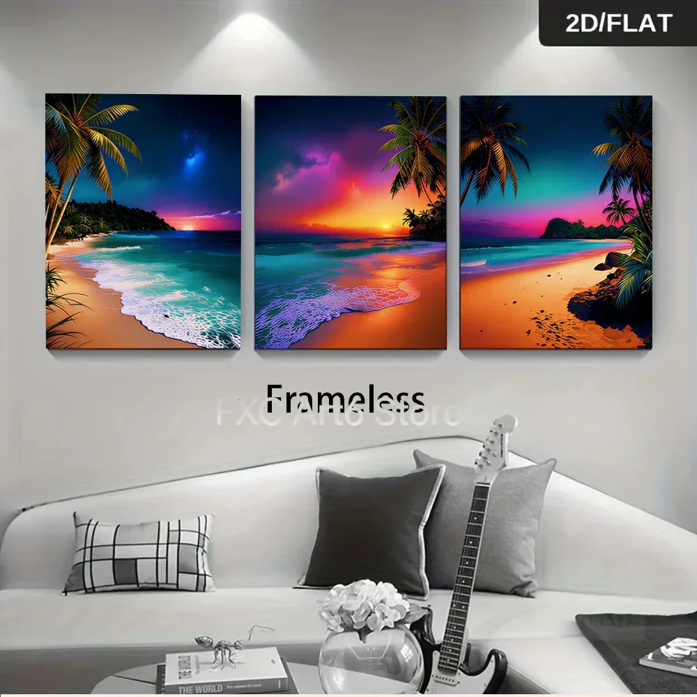 3PCS frameless Multiple sizes   Canvas Paintingthree-panel  paintings, background wall murals, tropical beach starry sky