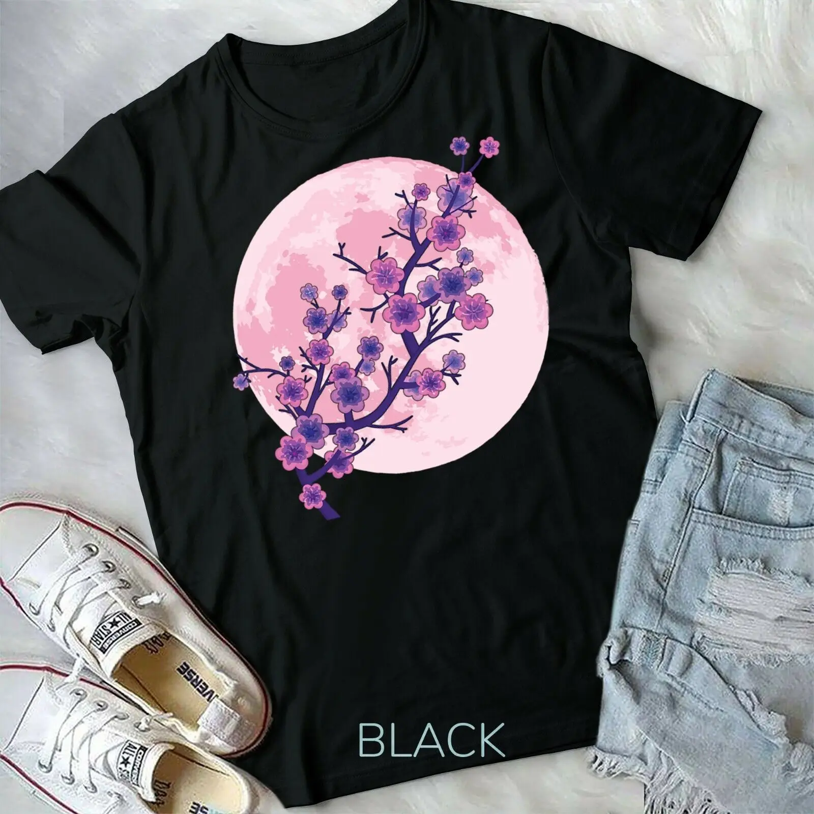 Japanese Aesthetic Pink Moon Cherry Blossom Sakura Flowers Unisex Form T-shirt