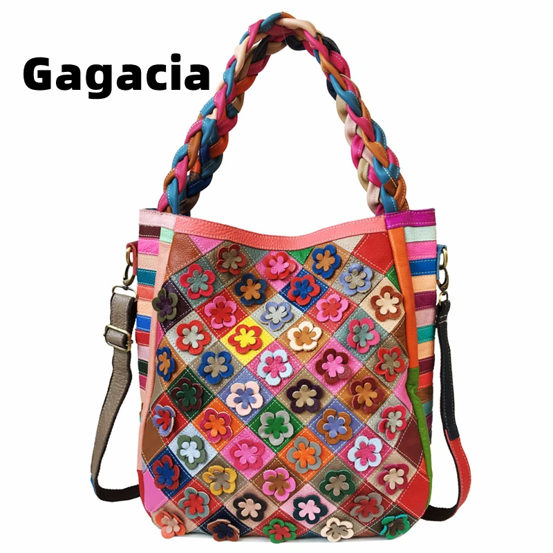 GAGACIA Vintage Cowhide Floral Multi Color Shoulder Bag Women Luxury Genuine Leather Oversized Bags Large Capacity Tote Handbag