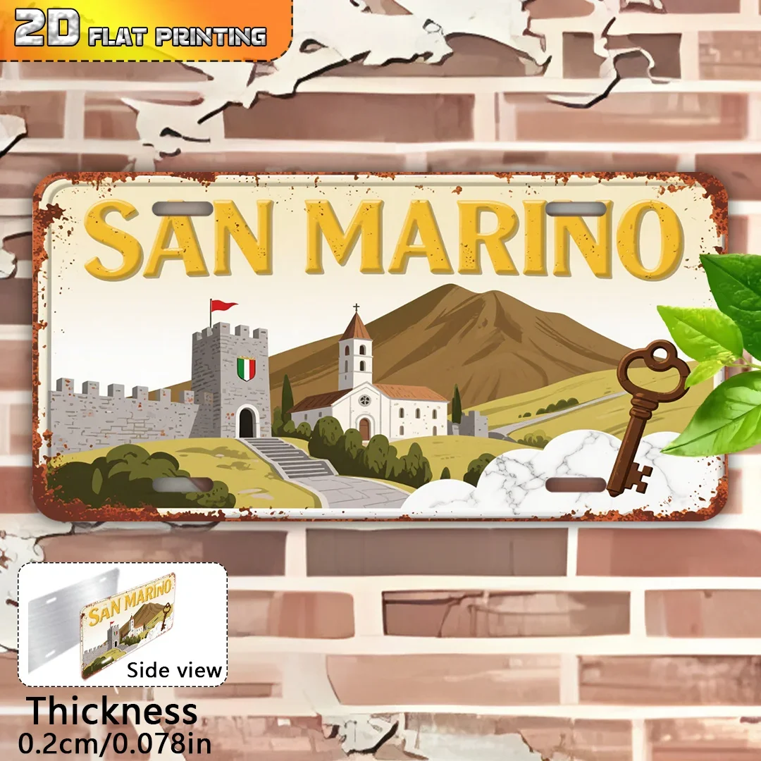 2D Flat, 1pc Vintage San Marino City Sign - 15.24x30.48 cm Aluminum Wall Art with 2D Flat Printing, Rustic European Architect