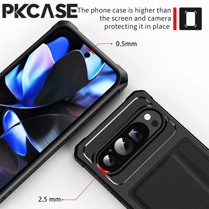 Etui na telefon z przegródką na karty PKCASE, wykonane ze skóry, do modeli Google Pixel 11, 10, 9 Pro XL, 8, 7 Pro. Wzmocnione, odporne na wstrząsy etui do modeli Google Pixel 9A, 8A, 7A. — zdjęcie produktu 6