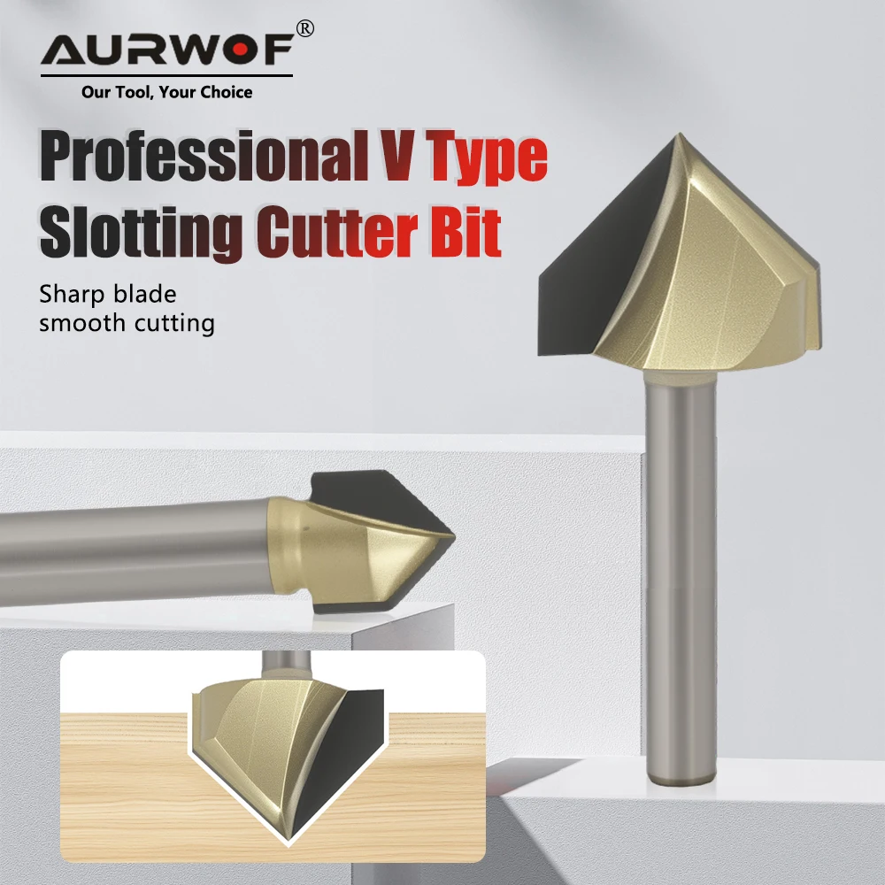 AURWOF 1pc 1/4 Shank V-Type Router Bit, Carbide Woodworking Cutter 19.05mm-25.4mm For Woodworking H0702419GD