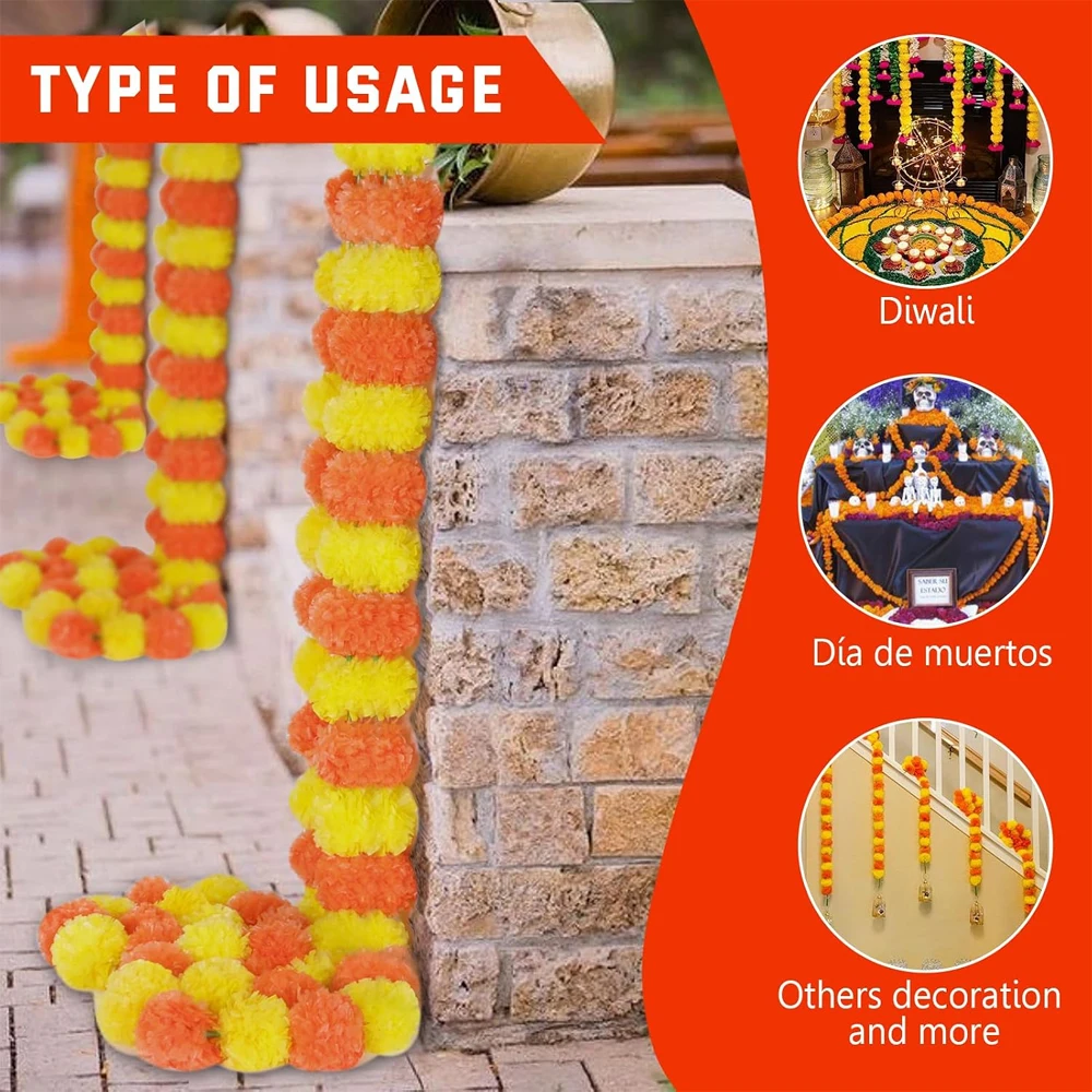 5 Stück Künstliche Ringelblumen-Girlande 150cm Hängende Blumengirlande für Hochzeits- und Partydekoration, Diwali-Heimdekoration, Künstliche Girlanden – Detail 3