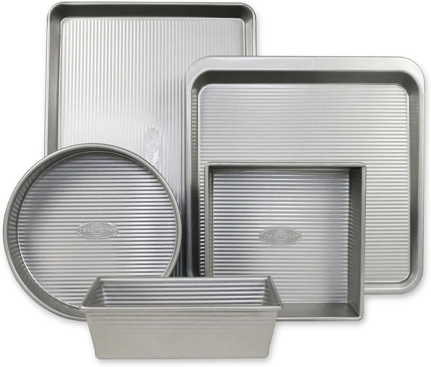 

Bakeware Aluminzed Steel 5-Piece Set Half, Cookie Sheet, Loaf, Square, Round Cake Pan