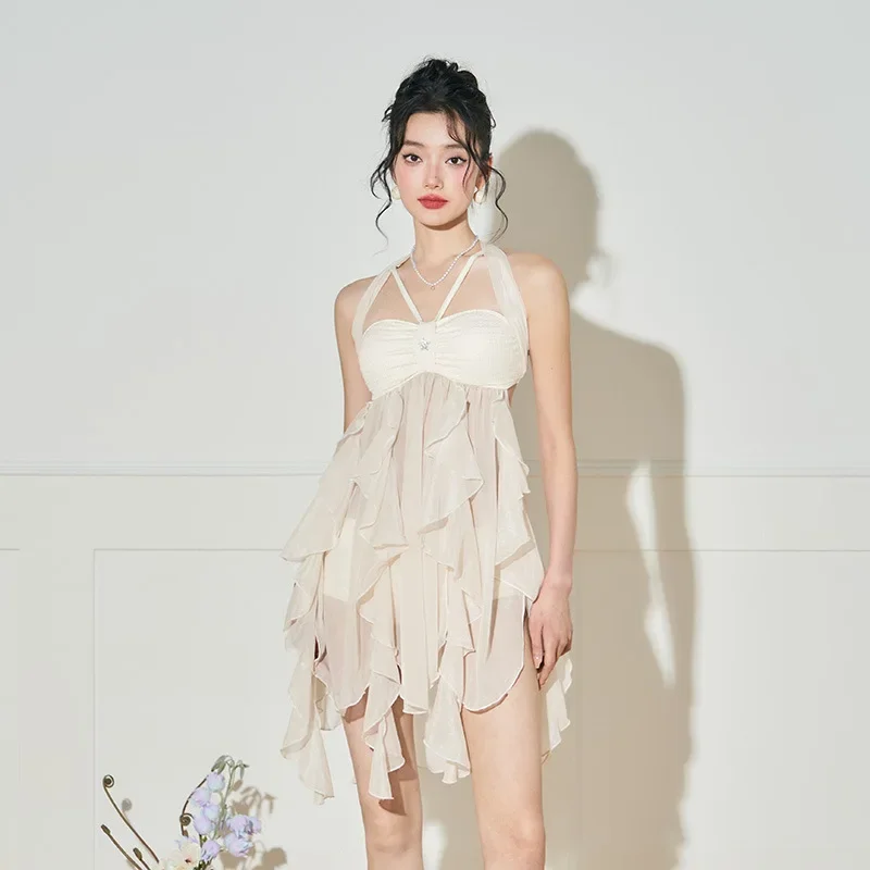 

Женское длинное платье-халтер без бретелек и с открытой спиной, цельный купальник в корейском стиле Pure Desire, пляжная одежда для отдыха и горячих источников.