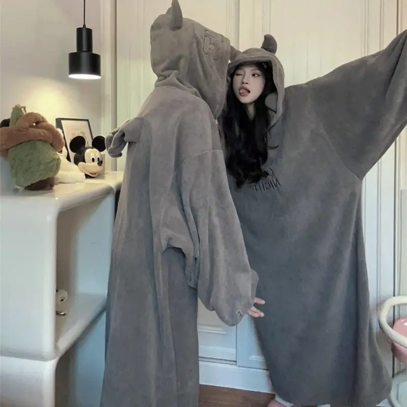 Winter Couple Grey Nightwear Plush Thickened Jumpsuit Hooded Sleepwear Women Long-Sleeve Keep Warm Cute Pajamas Homewear Onesies