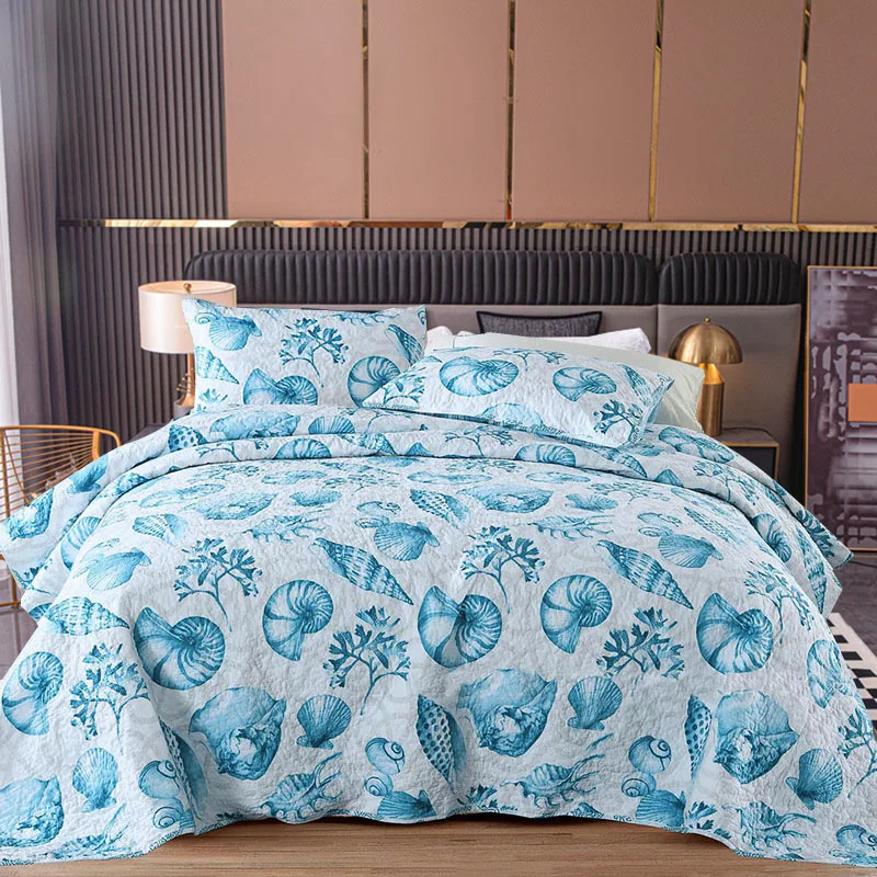 Marine Style Cotton Quilt Set 3PCS Queen Bedspread with Pillowcase Lightweight Quilted Coverlet Blanket for Bed All Season