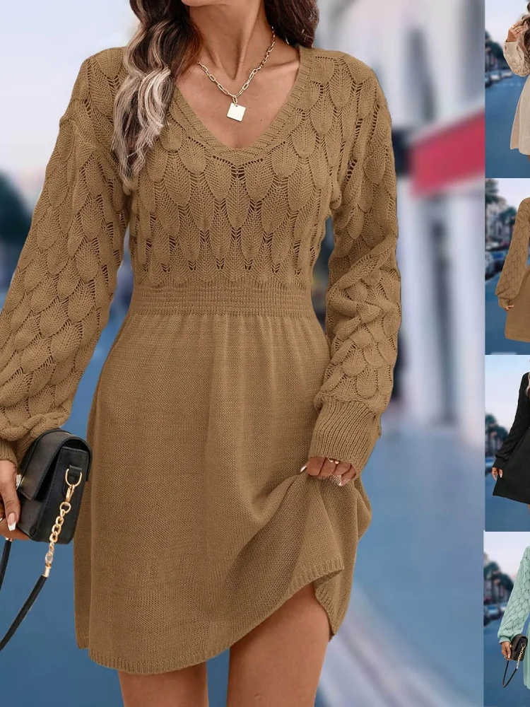 Wmstar Dress Sculpted Sequin Pattern Three Dimensional Knitted 2026 New Style European V Neck Beach A Line Skirt Long Sleeved